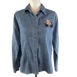 Vintage Ladies Hard Rock Cafe Cancun Shirt size Large Denim Jean Casual Guitars